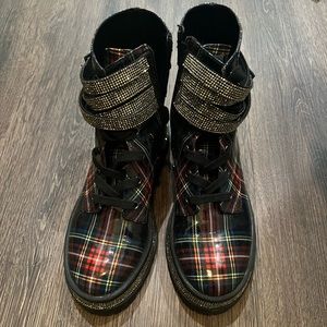 Jessica Simpson platform tartan plaid boots with zippers and rhinestone accents